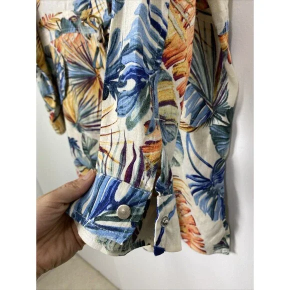 Chico’s Dress Hawaiian Floral Size 3 16/18 Linen Snap Up Pocket Drawstring Slits - Picture 5 of 16